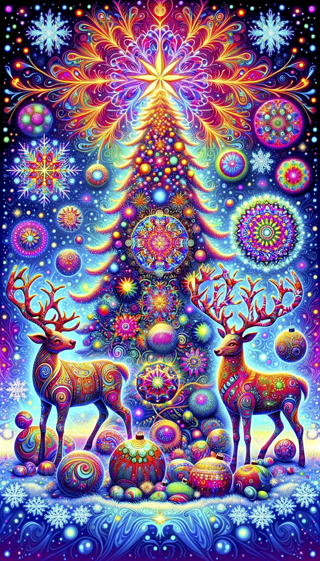 DALL·E 2023 12 21 15.32.49   A beautiful and psychedelic card featuring Christmas trees, reindeer, snowflakes, and lights. The design should be a stunning display of vibrant color